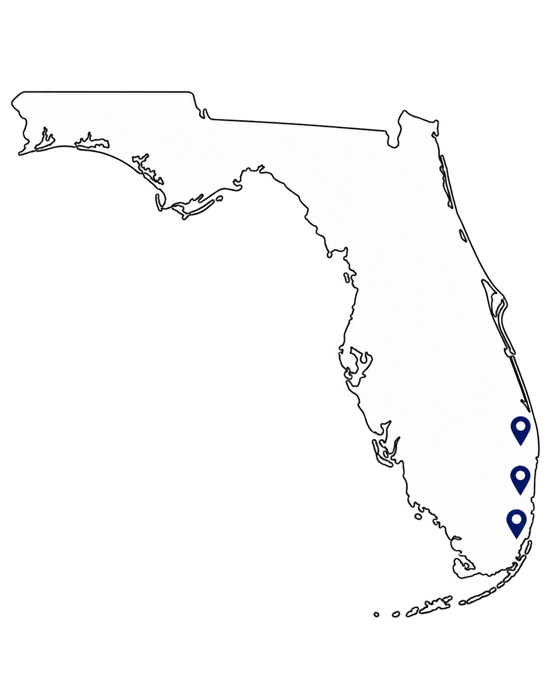 Florida map with three pins along the southeast coast