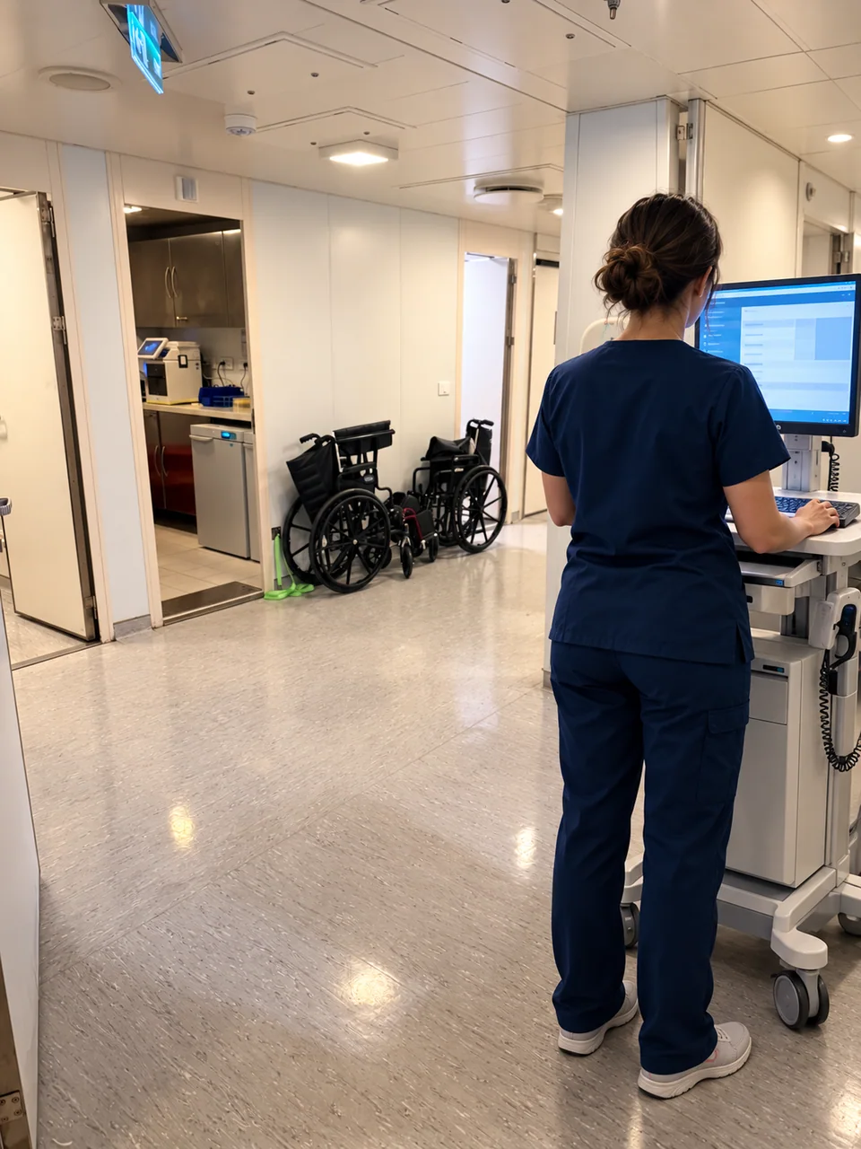 A healthcare provider working at a mobile workstation in a clinical hallway
